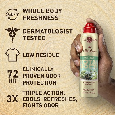 Old Spice Whole Body Deodorant Spray Aloe and Rain 3.5oz - New